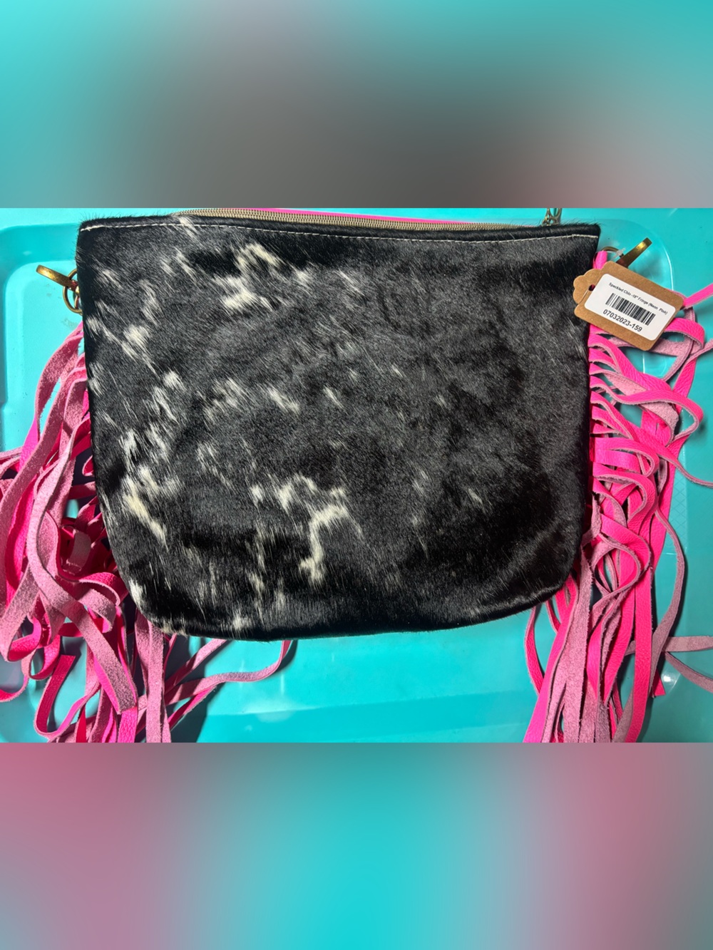 Hot pink and Cowhide Black & White Fringe Shoulder Bag with Pink